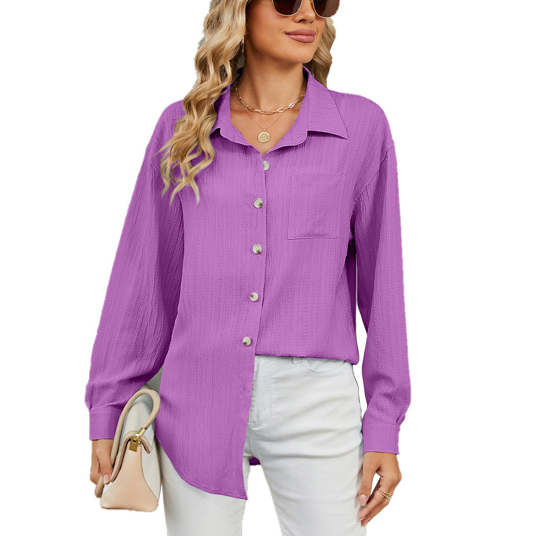 2025 autumn and winter leisure loose long sleeve lapel button solid color shirt Women