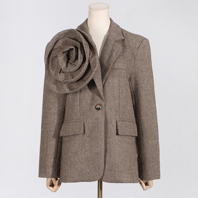 2024 Spring New Artistic Retro Three-Dimensional Flower Loose Design Sense One Button Solid Color Suit Jacket For Women