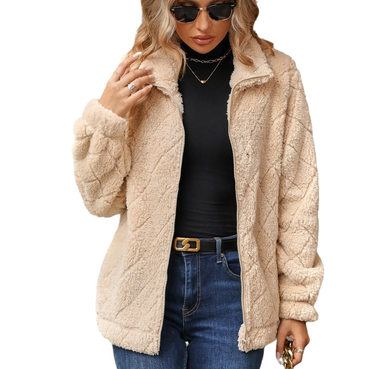 Women's autumn and winter New long sleeve cardigan zipper Diamond plush coat for women