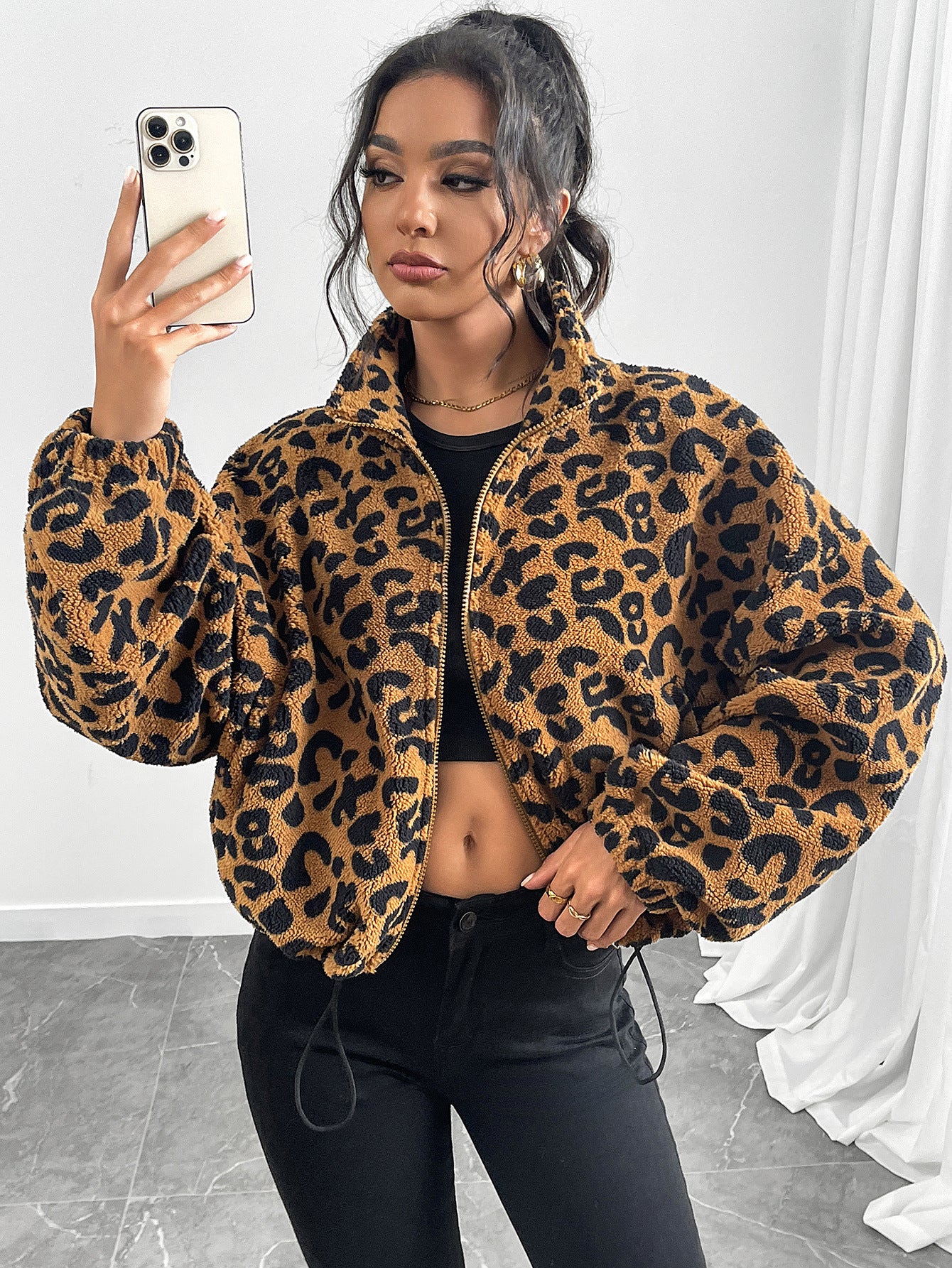 Autumn and winter New loose cardigan zipper leopard print plush coat