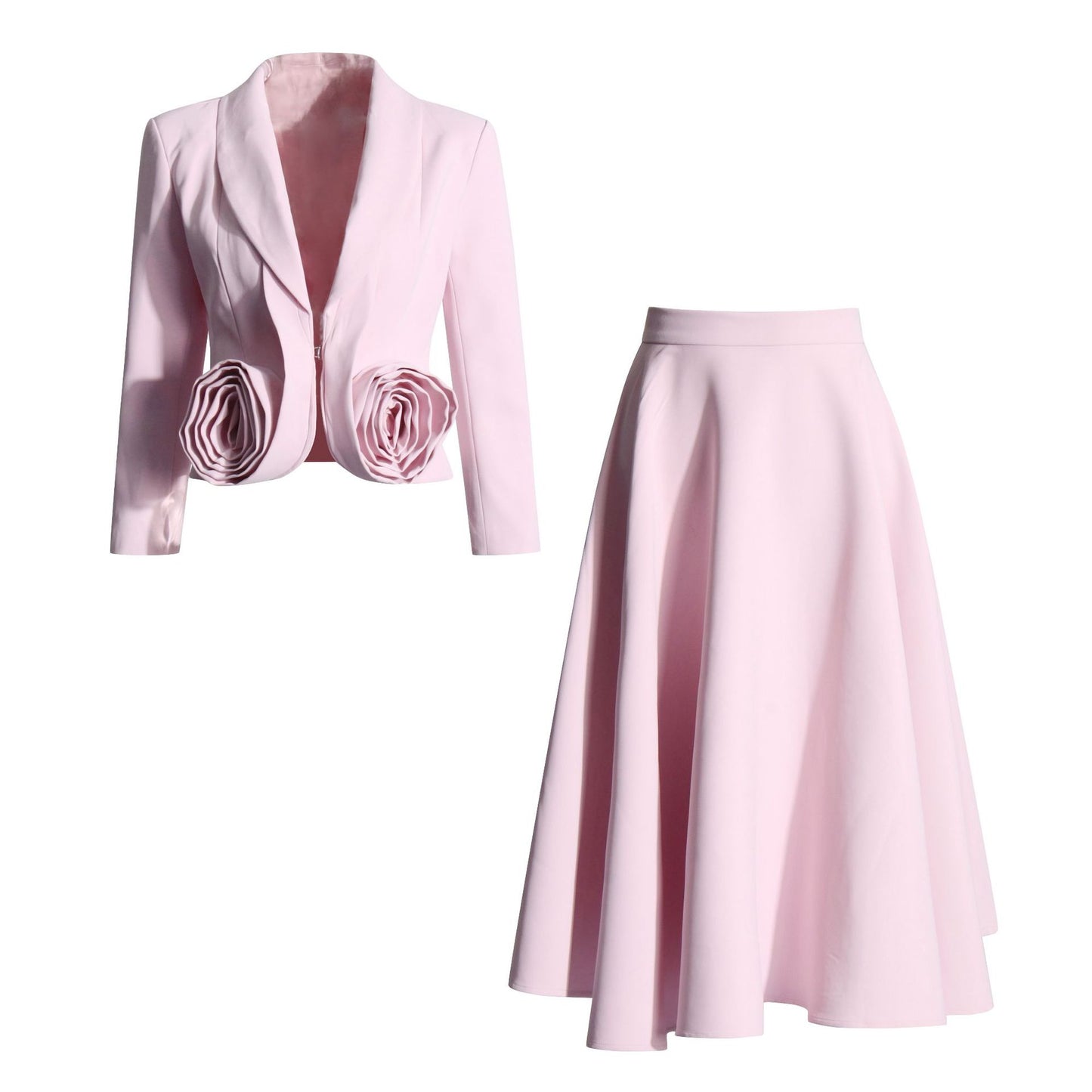 2024 Summer New Fashion V-neck Stereo Rose Stitching Design Sense Suit High Waist Pleated Skirt suit