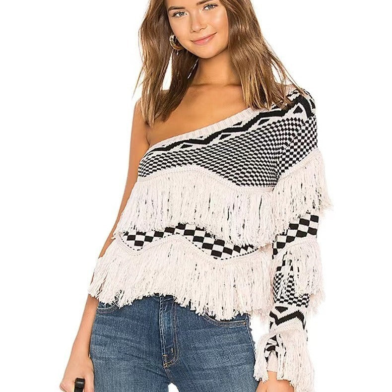 Women's sweater plaid one-shoulder cold-shoulder tassel sexy knitwear