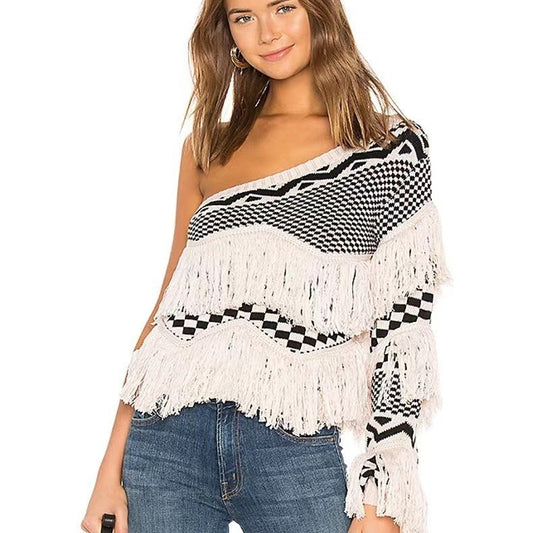 Women's sweater plaid one-shoulder cold-shoulder tassel sexy knitwear