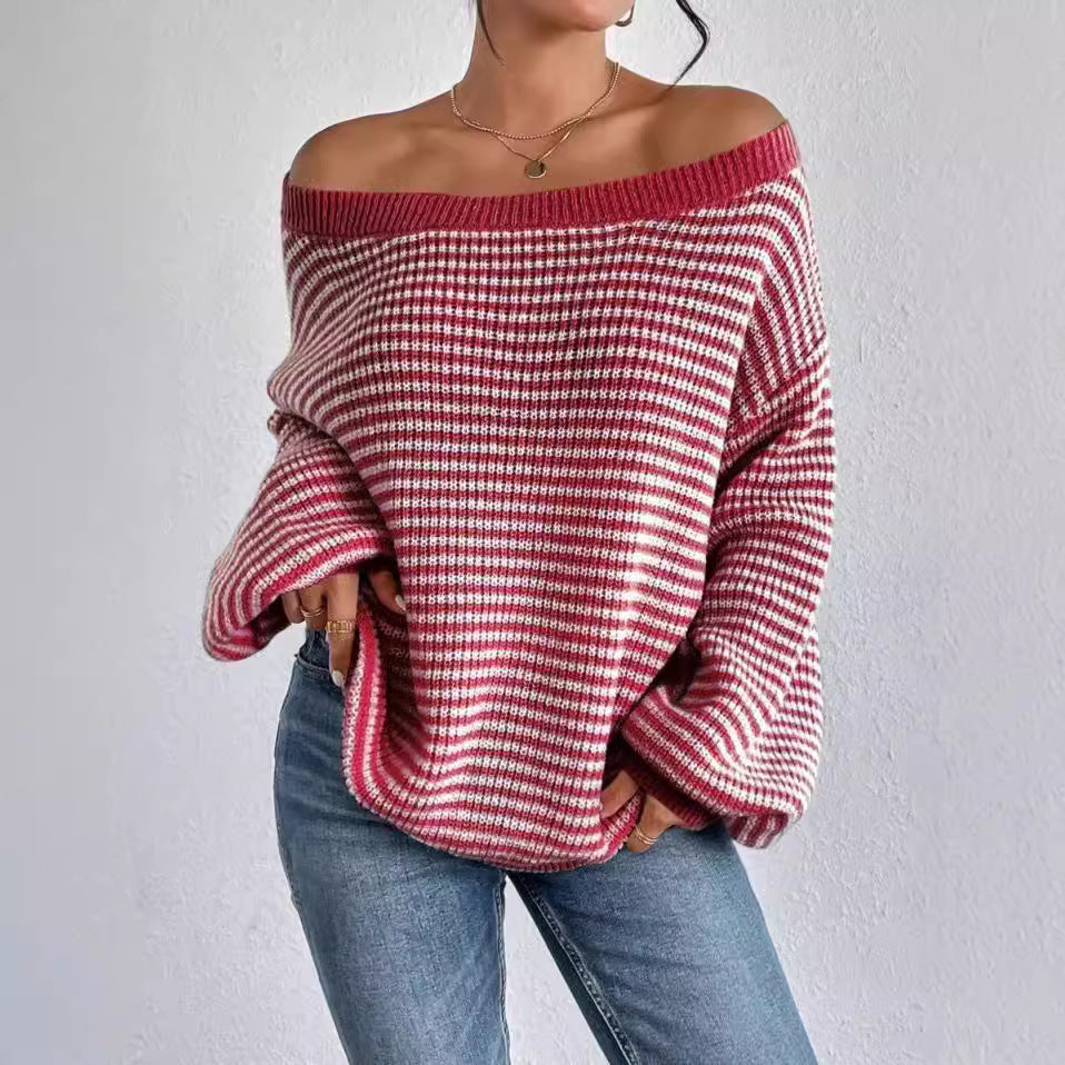 Off-the-shoulder sweater all-match loose contrast color striped lantern sleeve lazy sweater women