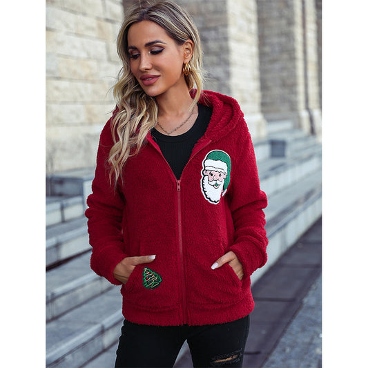 Autumn winter women's wear hooded long-sleeve zipper loose double-sided velvet Christmas style casual jacket