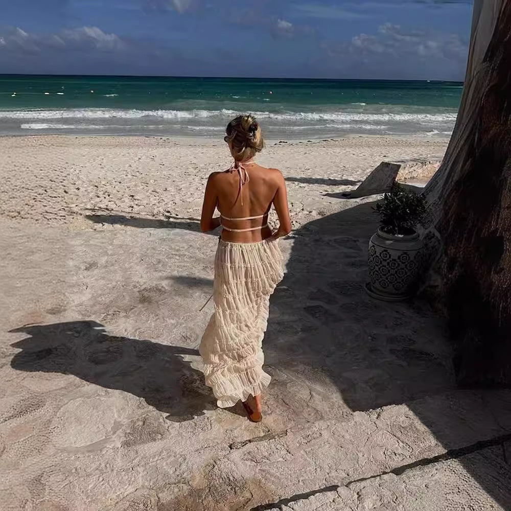 New European and American fashion and sexy backless neck strap pleated lace vest long dress set