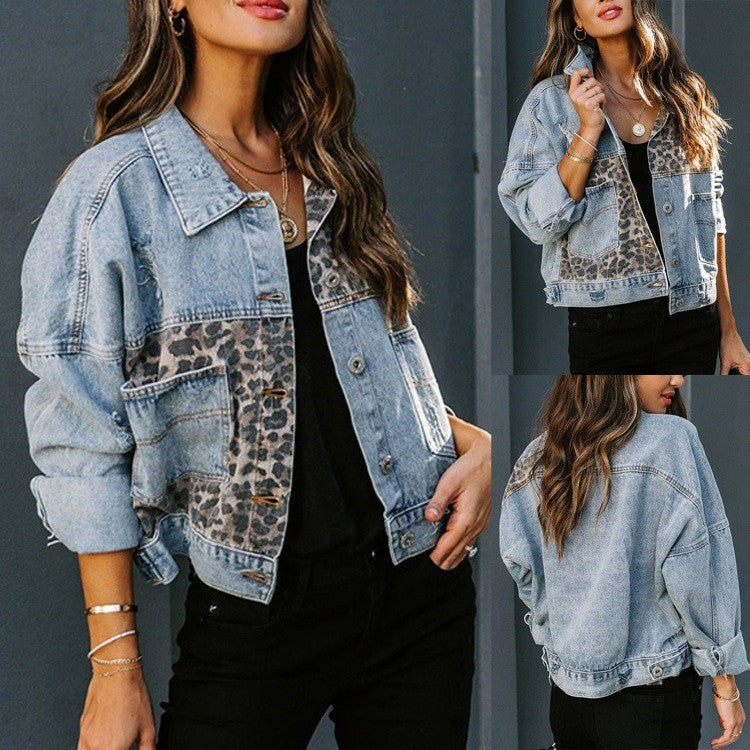 Autumn and winter new denim jacket women's long-sleeved leopard print spliced top