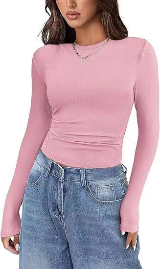 New women's long-sleeved round neck ribbed stretch T-shirt Slim fit casual bottoming solid color top