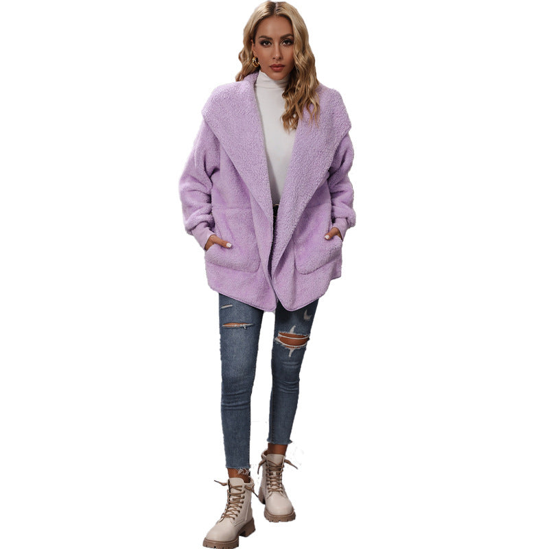 Women's autumn clothing hooded long sleeve loose mid-length buckle-free double-sided velvet casual cardigan