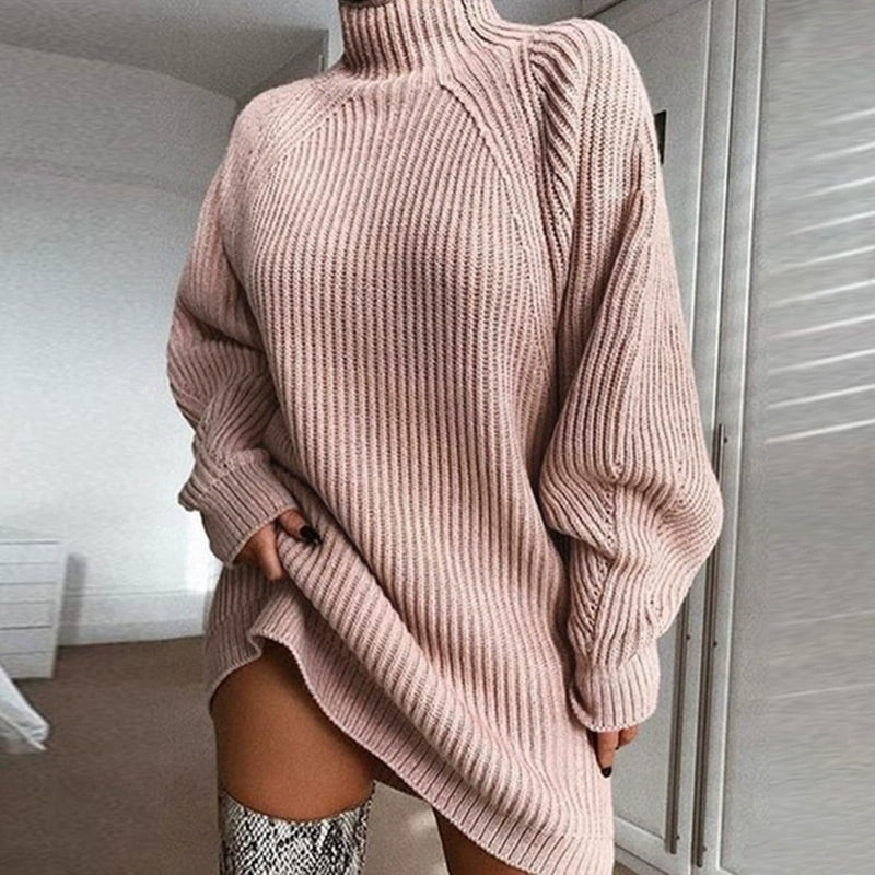 Autumn winte loose Sweater fashion turtleneck Knit dress