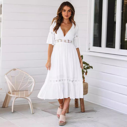 Deep V Lace Flared Sleeve Elegant Dress Women