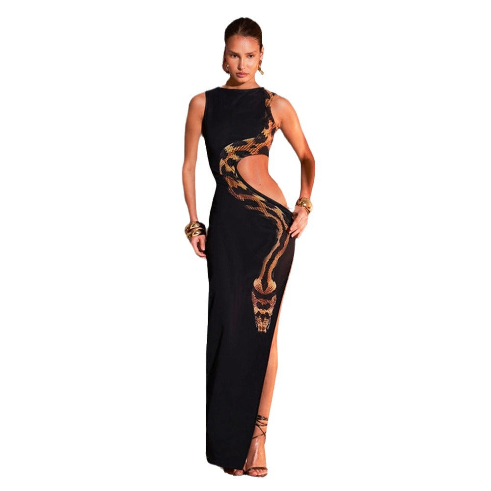 Women's 2024 Summer new sleeveless Sexy Slim fit slit long dress hollow dress dress