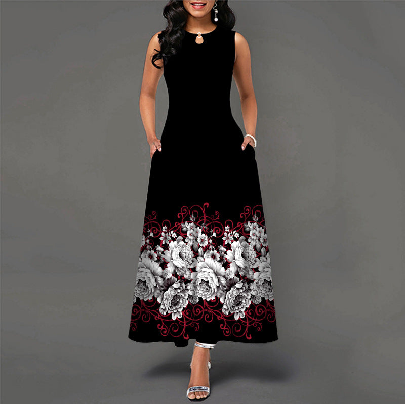 Sleeveless long dress female positioning print big swing skirt bohemian retro long skirt
