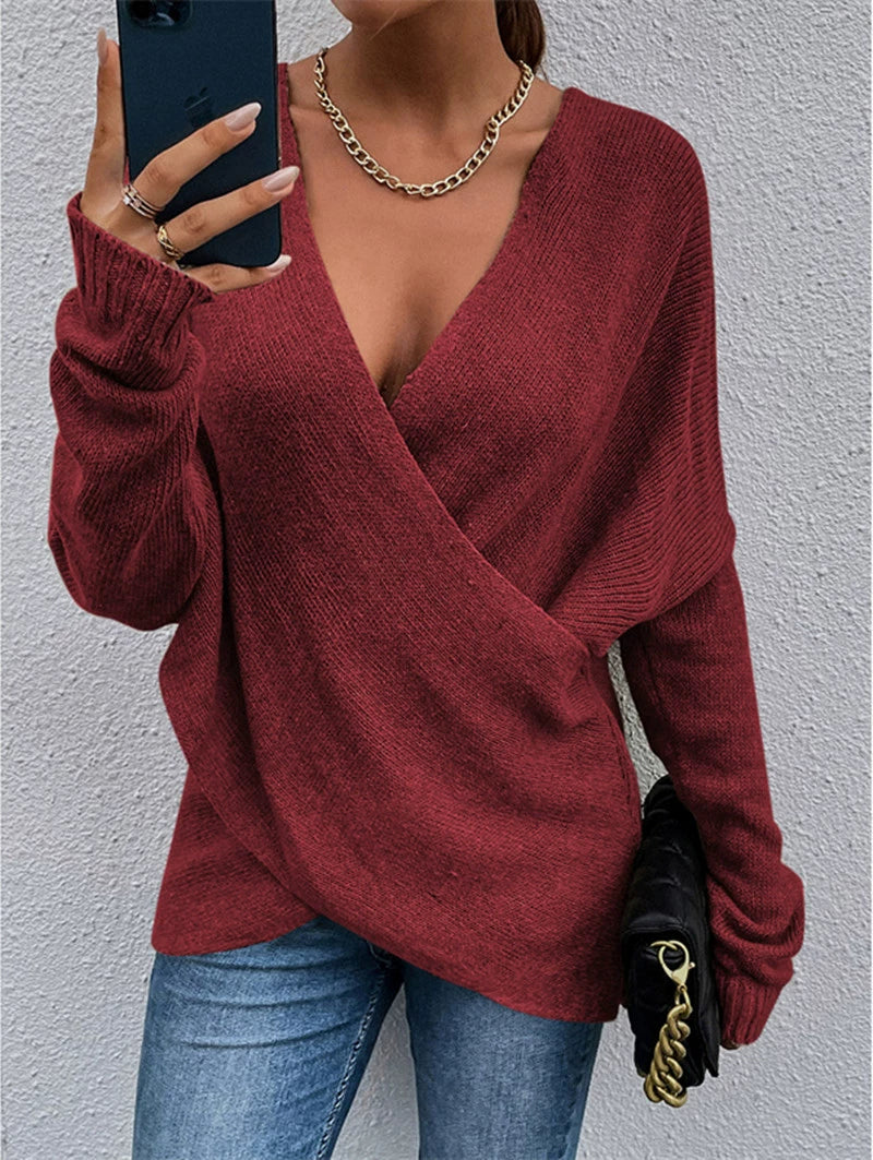 Autumn winter fashion v-neck cross knit women sweater tops