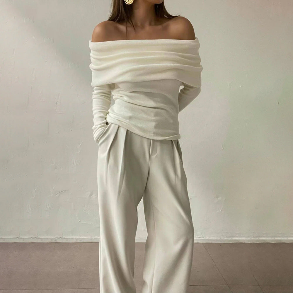 Off-shoulder shoulder-baring T-shirt Slim fit slimming knitted sweater women's pullover