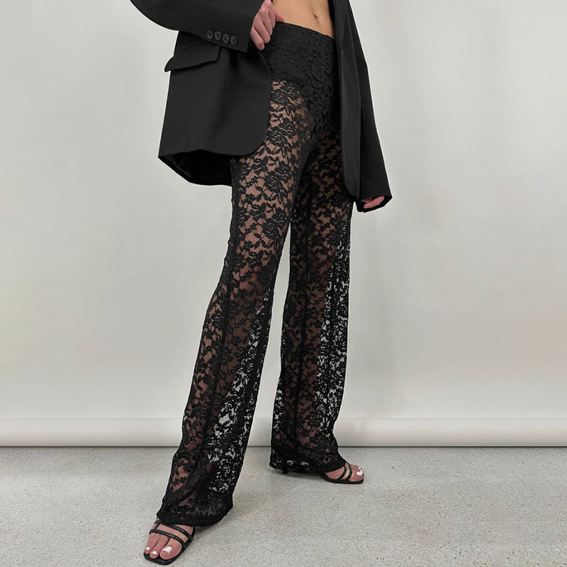 Summer sexy all-match lace see-through high waist stitching long straight-leg pants women's pants