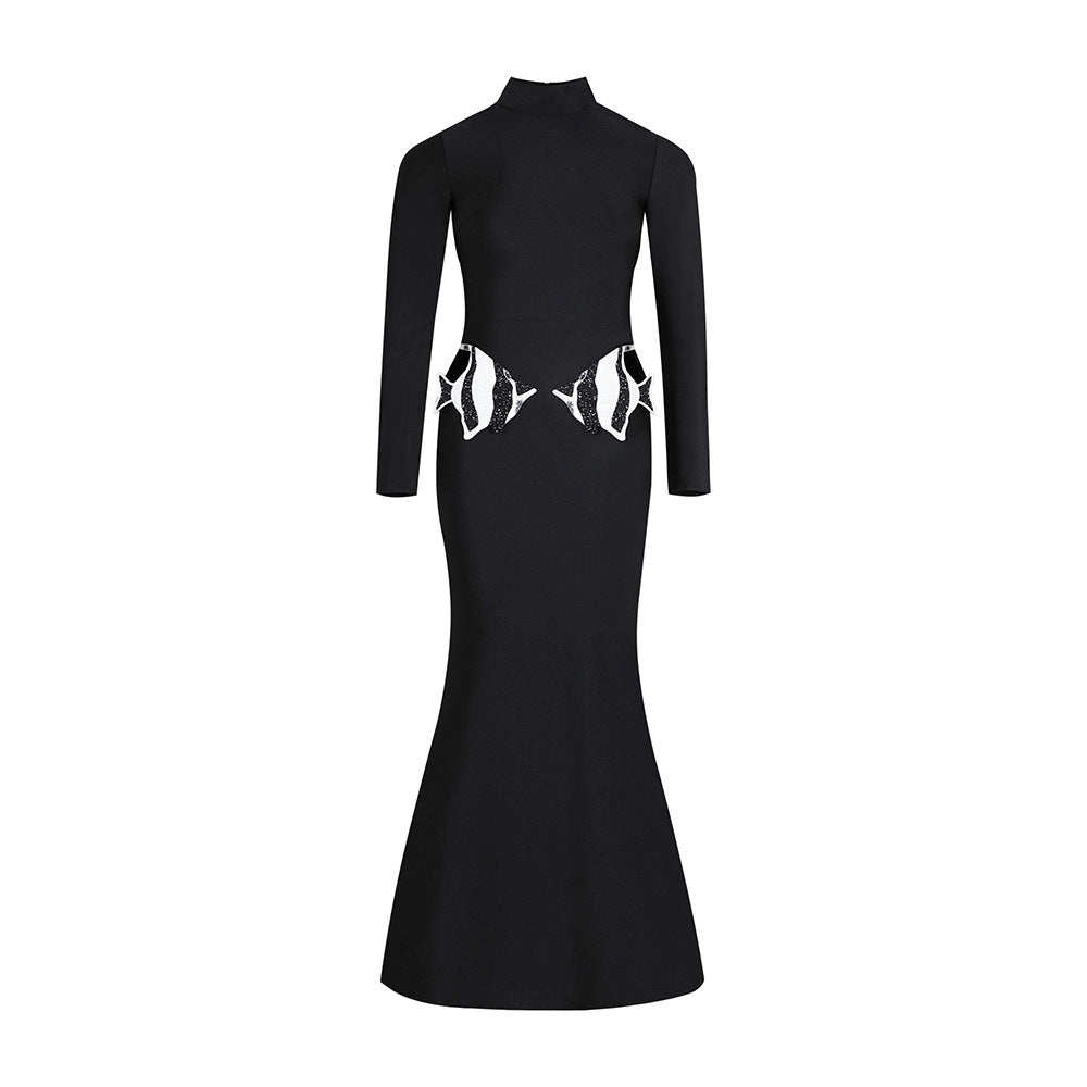 Women Sexy Long Sleeve Black Diamond Fish Hollow Bandage Dress