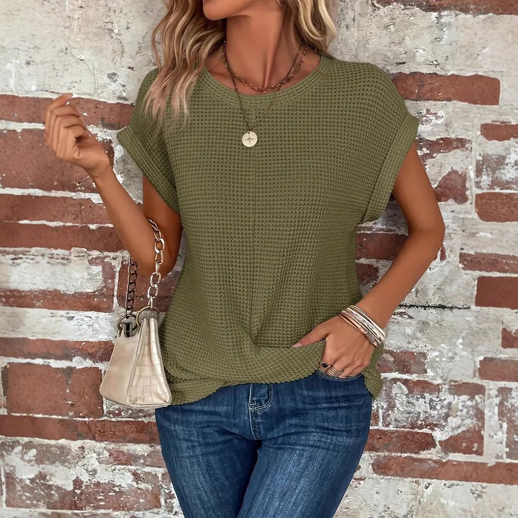 Solid color crew neck T-shirt elegant spring and summer women's clothing