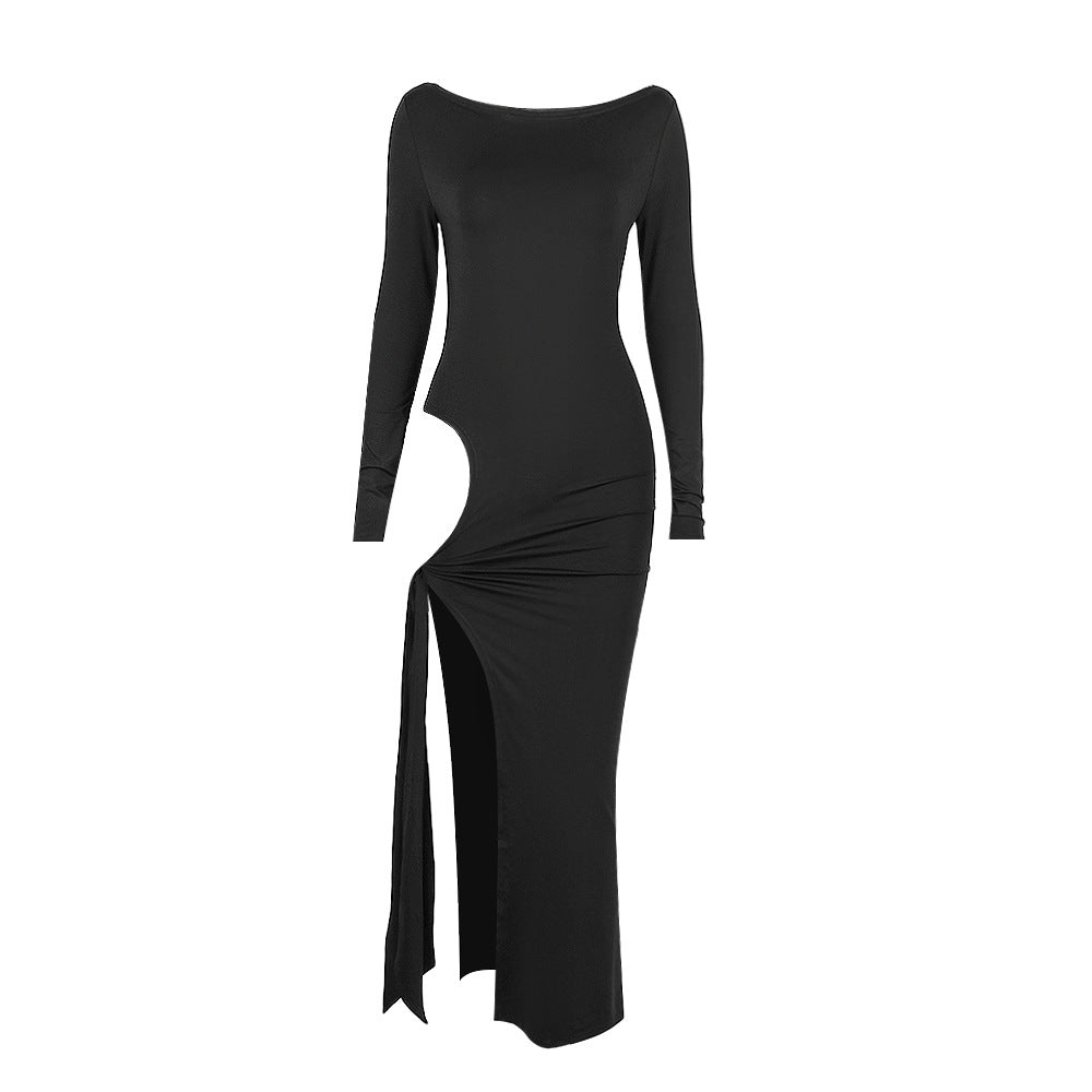 Sexy cutout long sleeve split long dress off-shoulder black dress elegant dress
