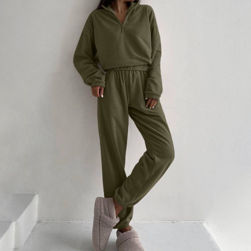 Women's new half-zipper lapel casual sweater solid color sports suit