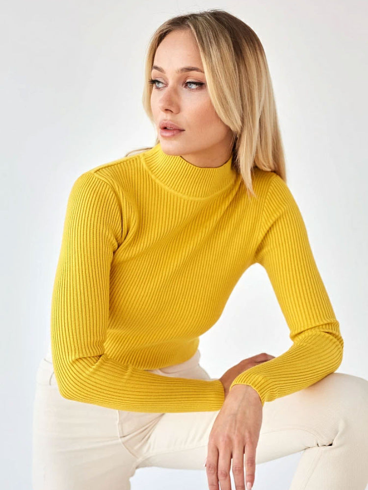 Pure Color half collar sweater European and American 2024 autumn and winter women's slim knit bottoming shirt