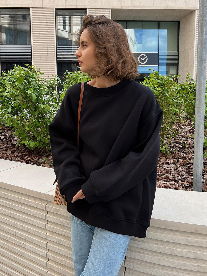 Round neck loose sweatshirt women's autumn winter Street solid color Oversize polar fleece pullover top