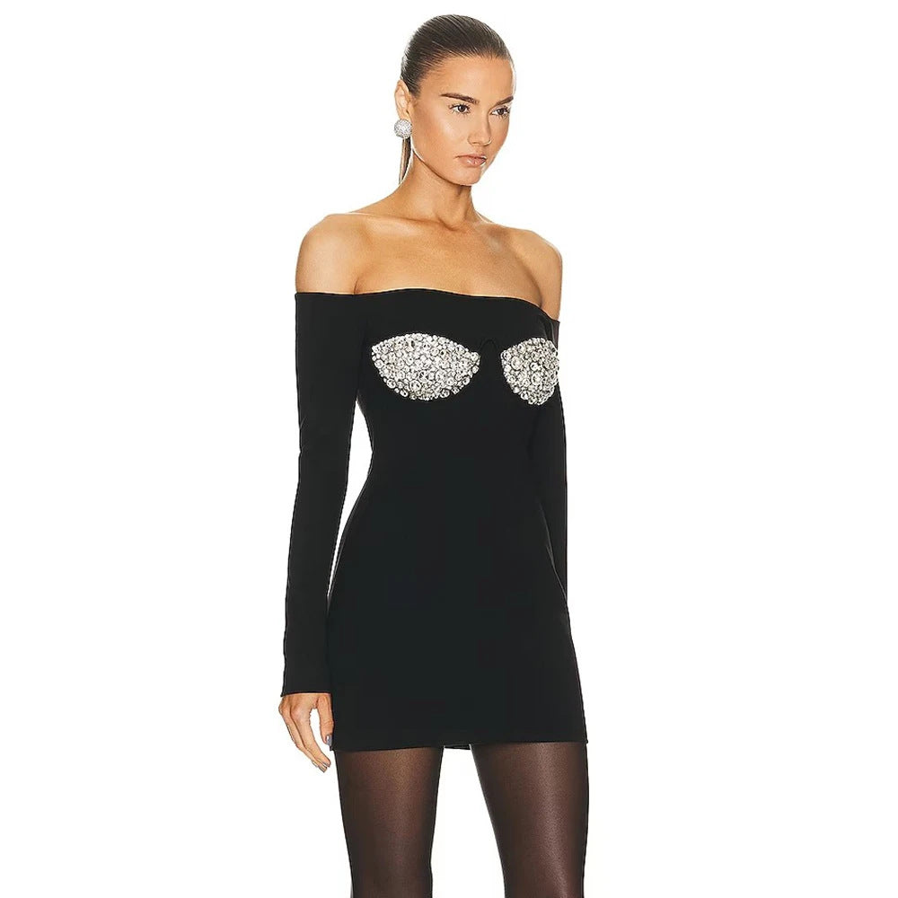 Sexy Diamond Off-Shoulder Long Sleeve Bandage Dress Party Banquet