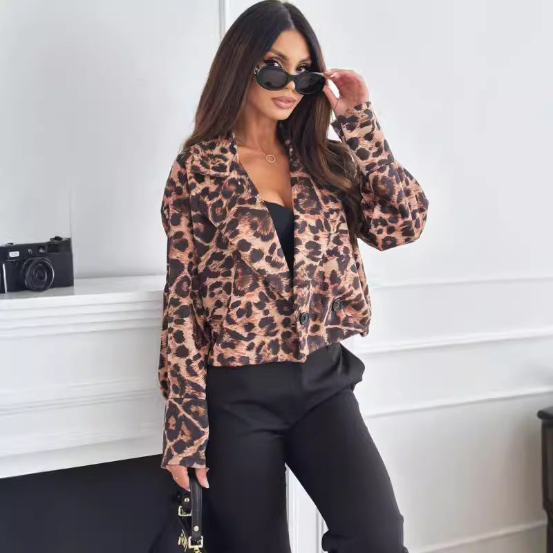 Autumn and Winter slimming versatile long sleeves short leopard print suit jacket for women