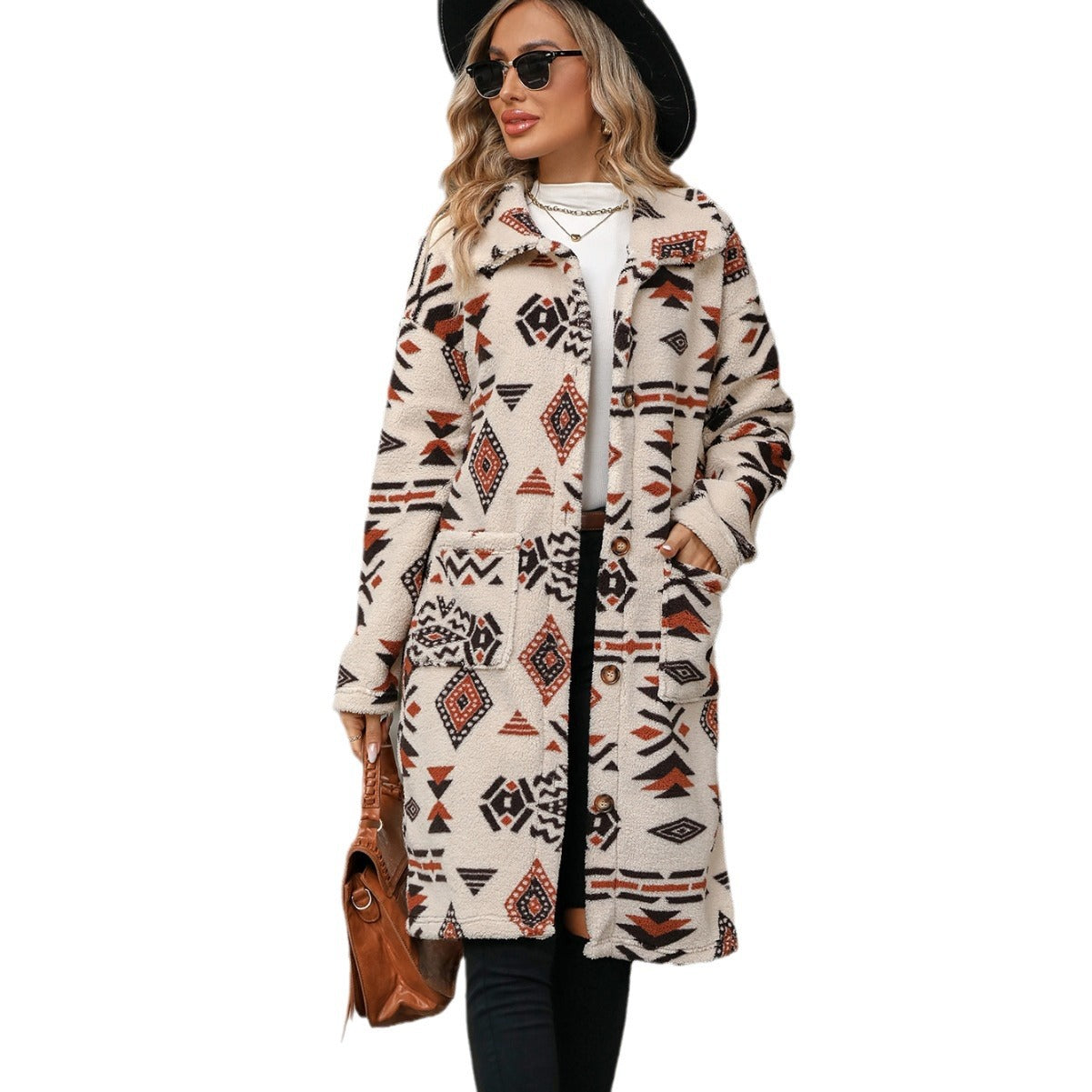 boho autumn and winter women's single-breasted ethnic print plush long overcoat outerwear（2025）