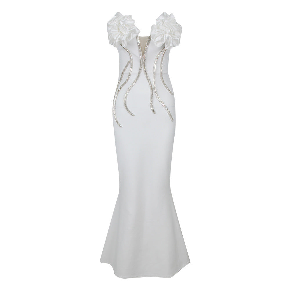 Bandage Dress Evening Gown Flower Diamond Chain Fish Tail Strapless