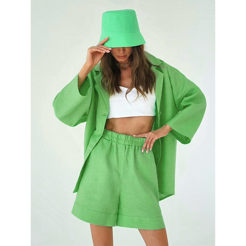 Cotton shorts suit women's lapel loose single-breasted Shirt high waist straight pants two-piece set