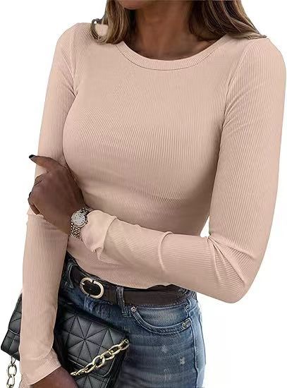 New women's long-sleeved round neck ribbed stretch T-shirt Slim fit casual bottoming solid color top