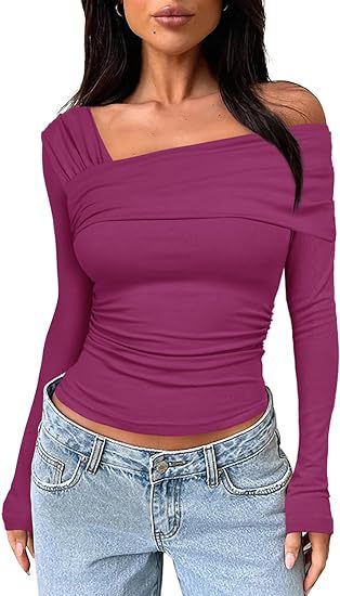 2024 spring and autumn Women's One shoulder long-sleeved top pleated out slim y2g T-shirt