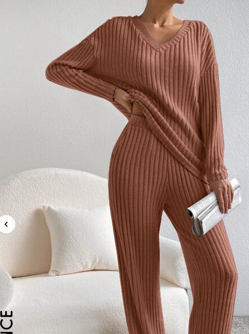 Autumn new fashion casual straight-leg pants temperament loose V-neck pit strip knitted cover