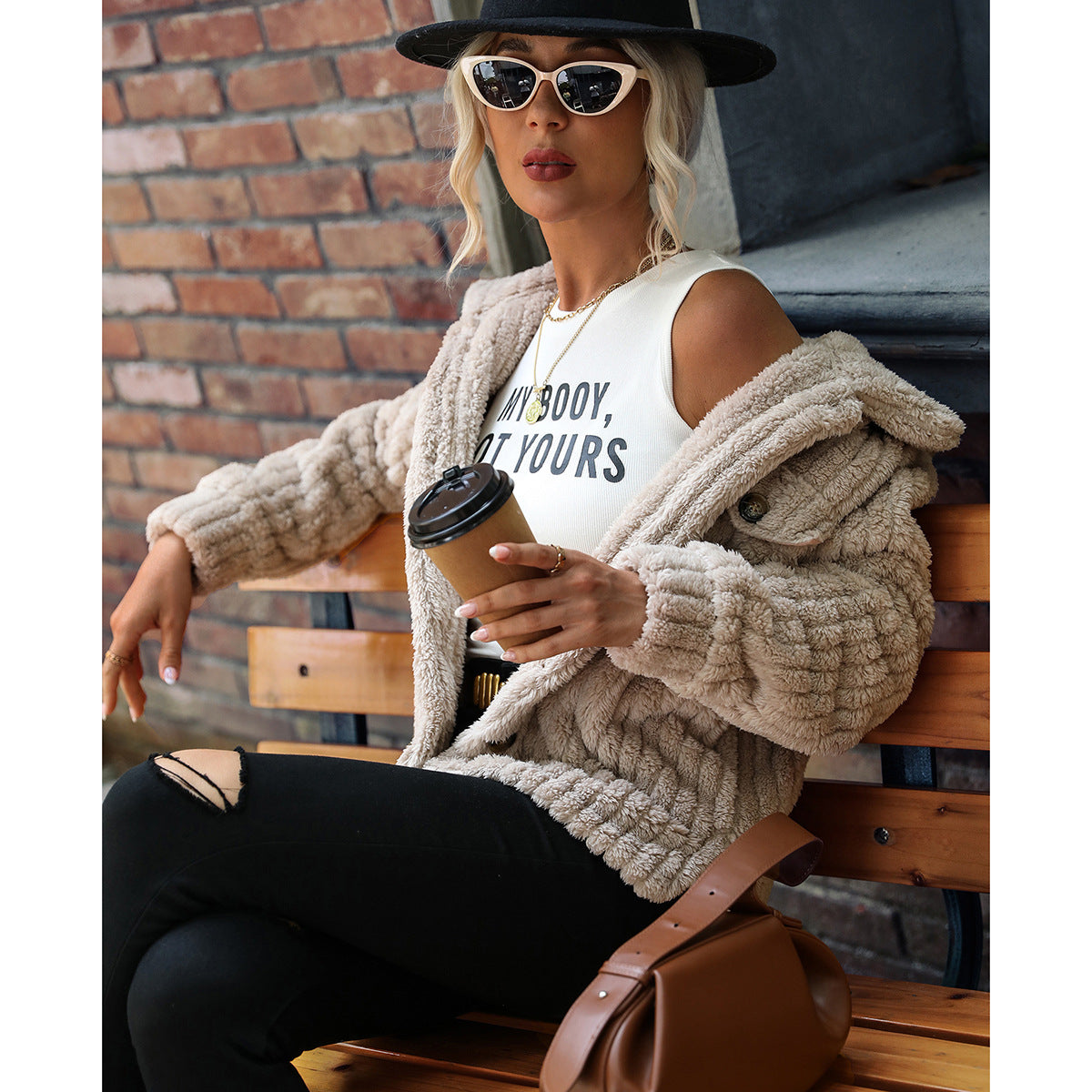 Women's double-sided velvet long-sleeved lapel breasted solid color mid-length plush coat