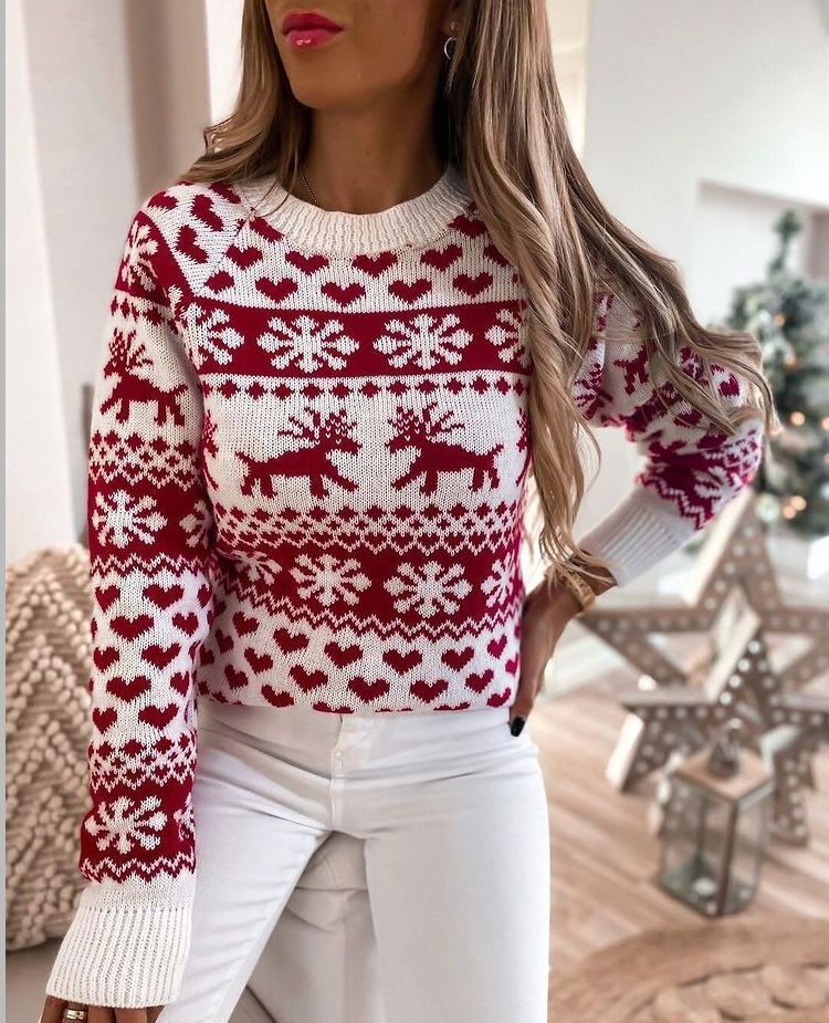 Women's new Christmas elk sweater long sleeve round neck knit sweater