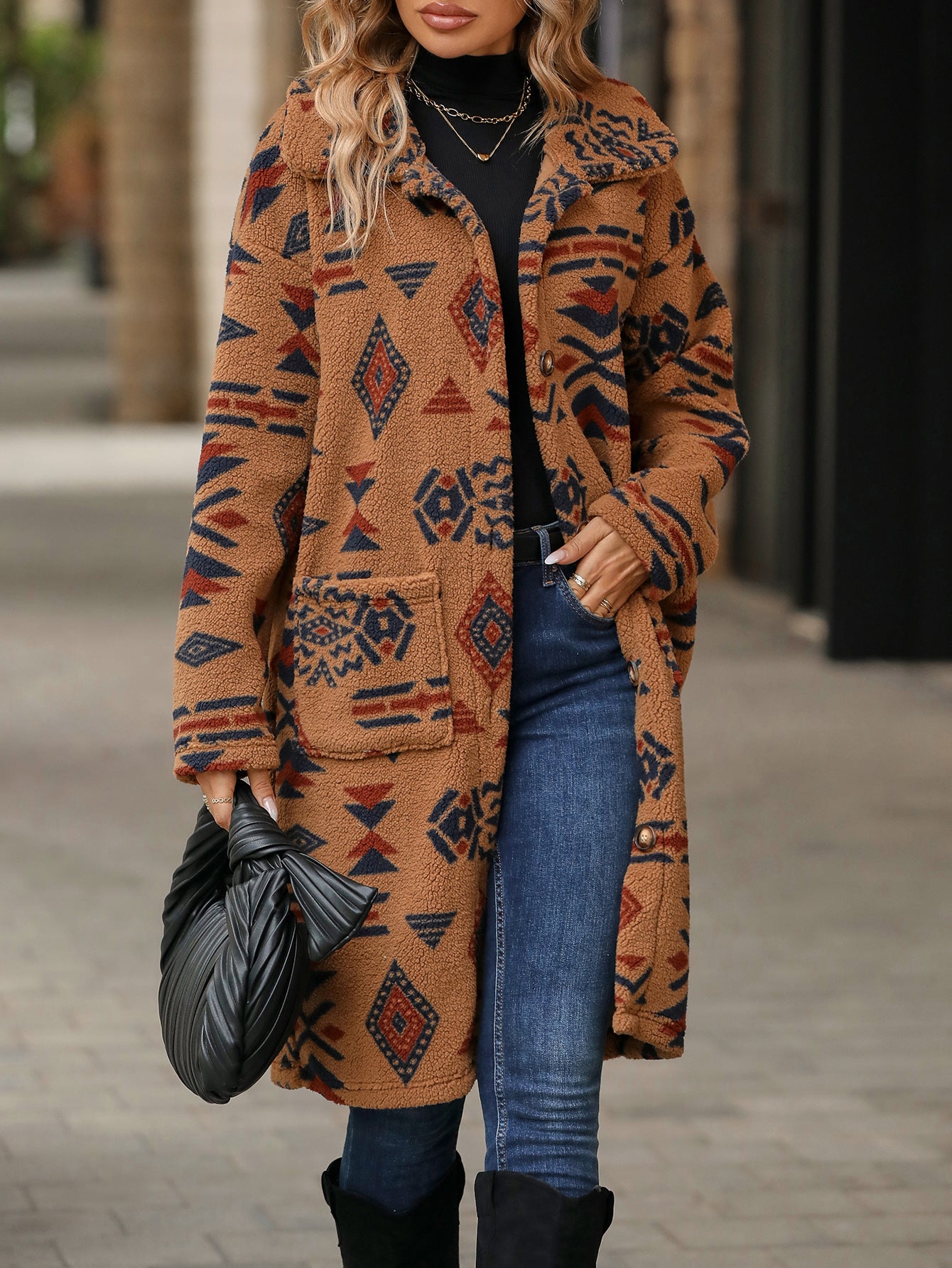 boho autumn and winter women's single-breasted ethnic print plush long overcoat outerwear（2025）