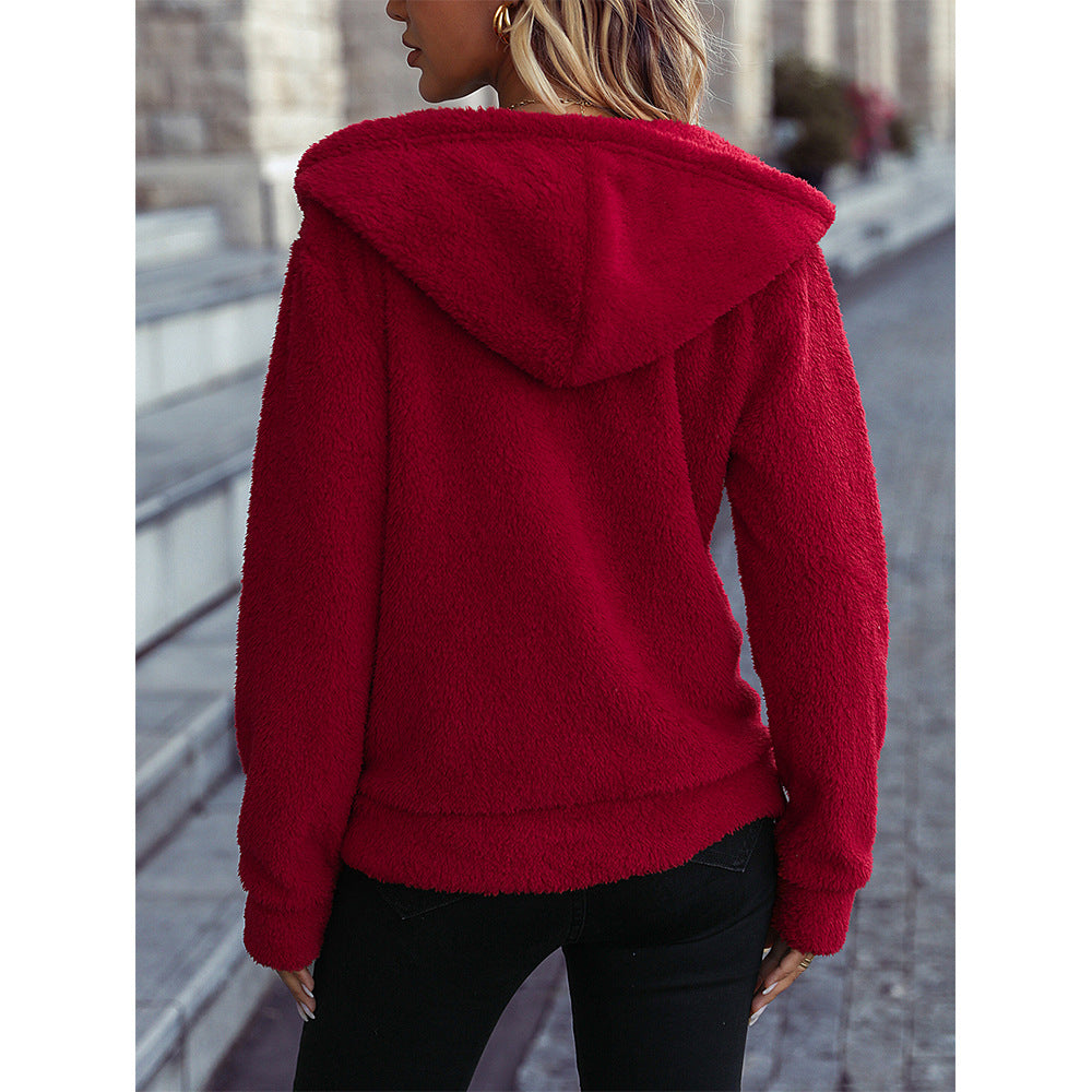 Autumn winter women's wear hooded long-sleeve zipper loose double-sided velvet Christmas style casual jacket