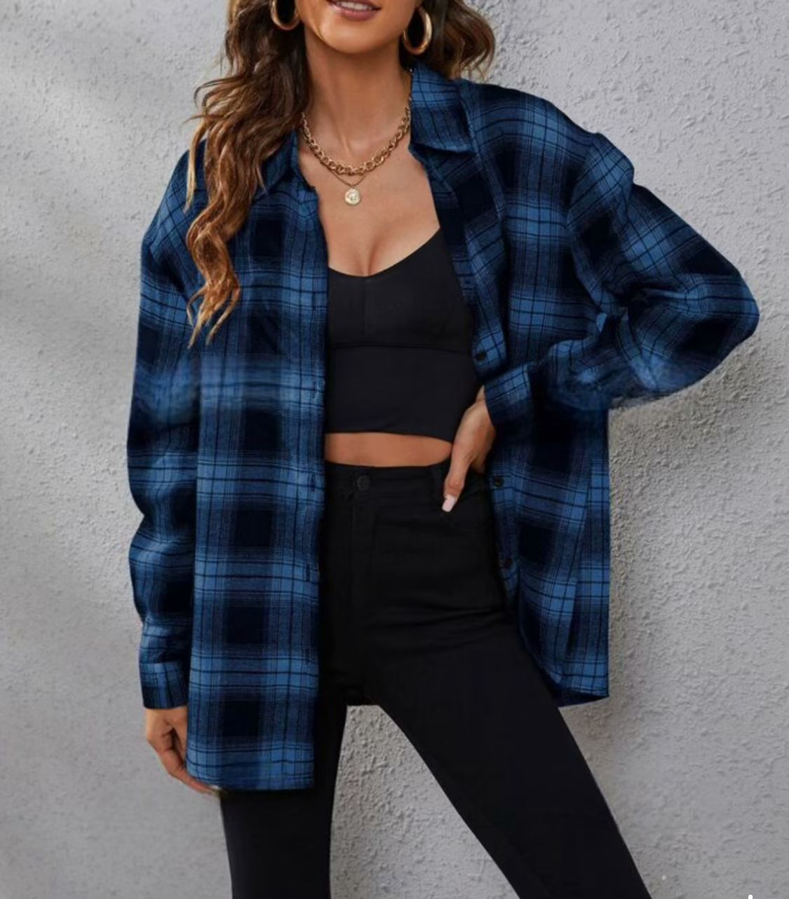 New foreign trade European and American women's shirt lapel single-breasted long-sleeved plaid shirt