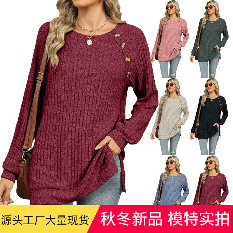 Women's 2024 autumn and winter New round neck raglan sleeve solid color T-shirt split top