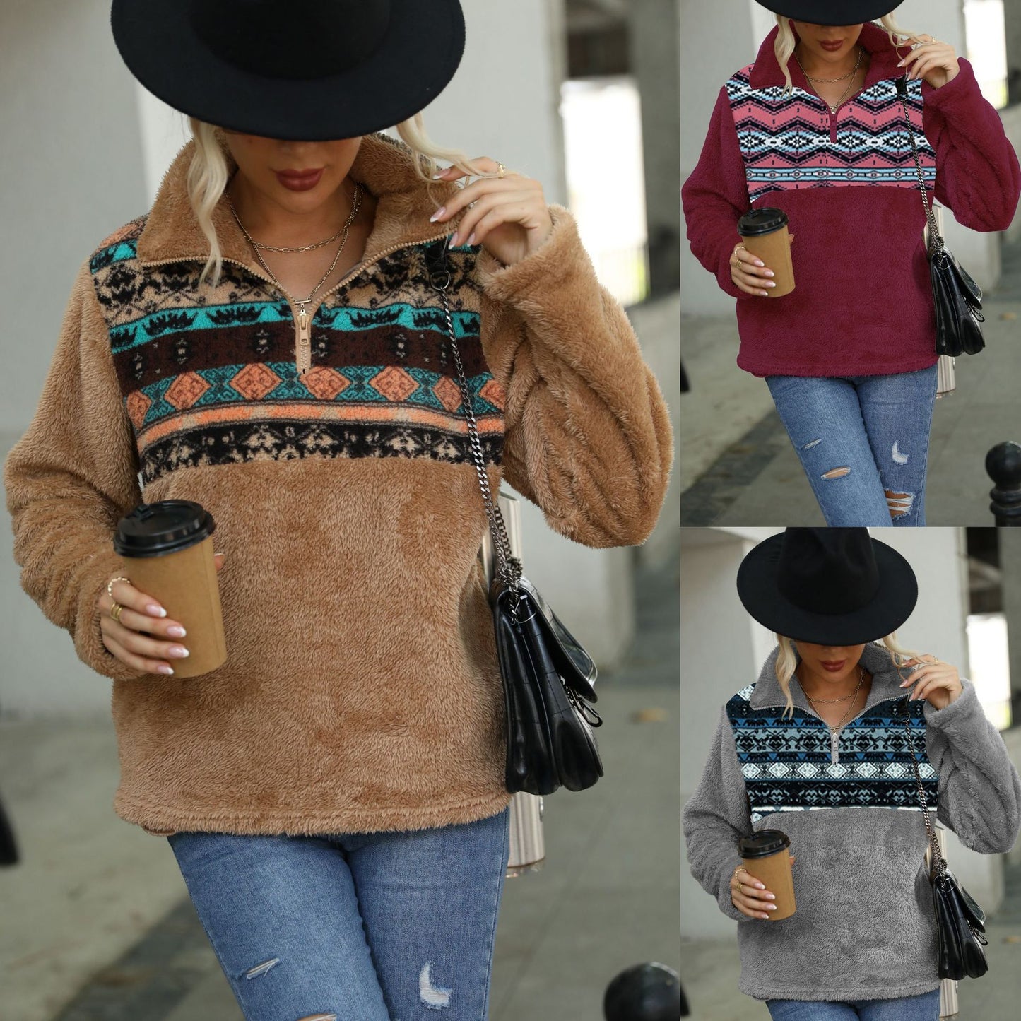 Plush printed half zipped stand collar long sleeve loose casual pullover