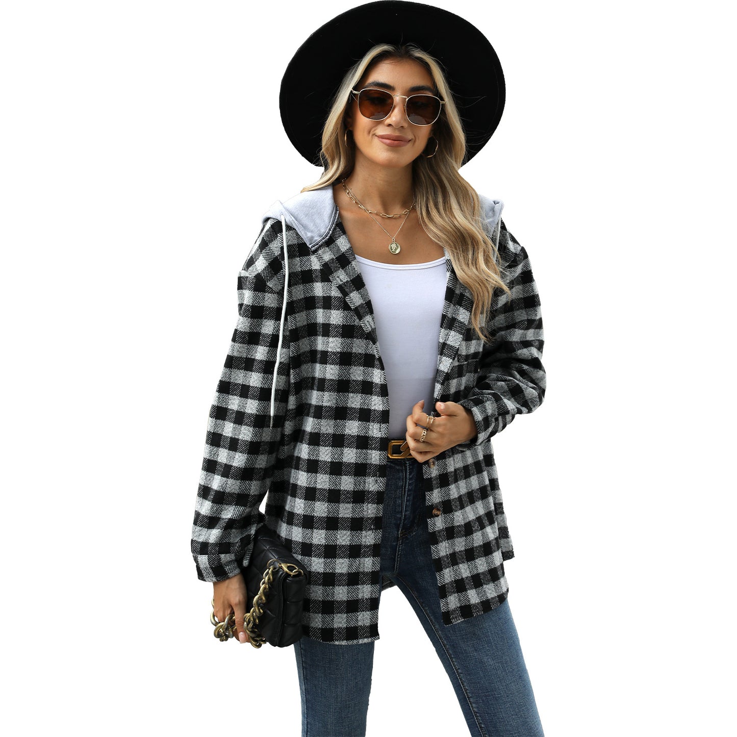 Autumn and Winter new women's hooded Plaid stitching top single-breasted woolen coat