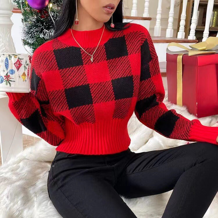 Christmas style knitted sweater autumn and winter New round neck loose jacquard plaid fashion sweater