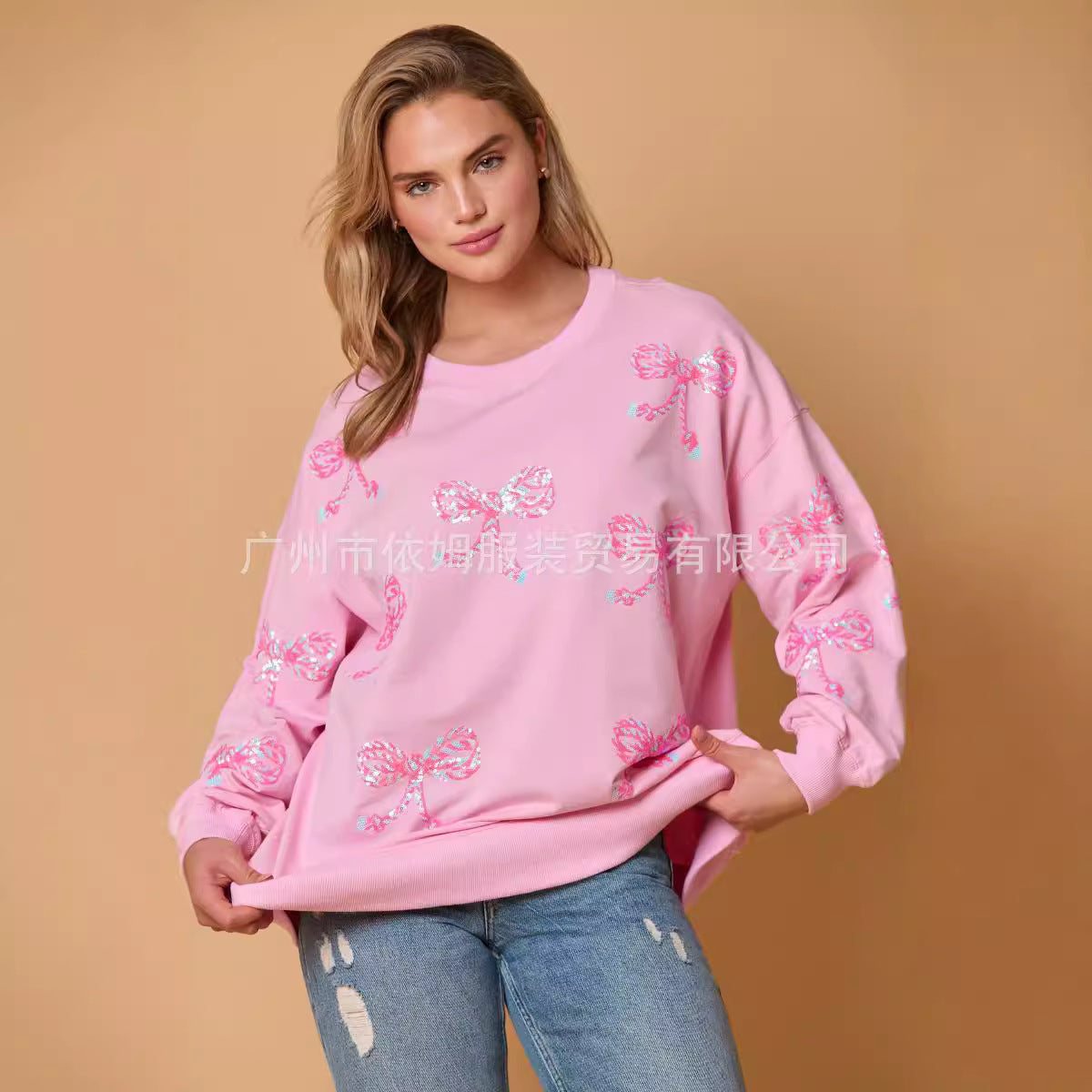 Bow sequined top casual loose long-sleeved sweater women