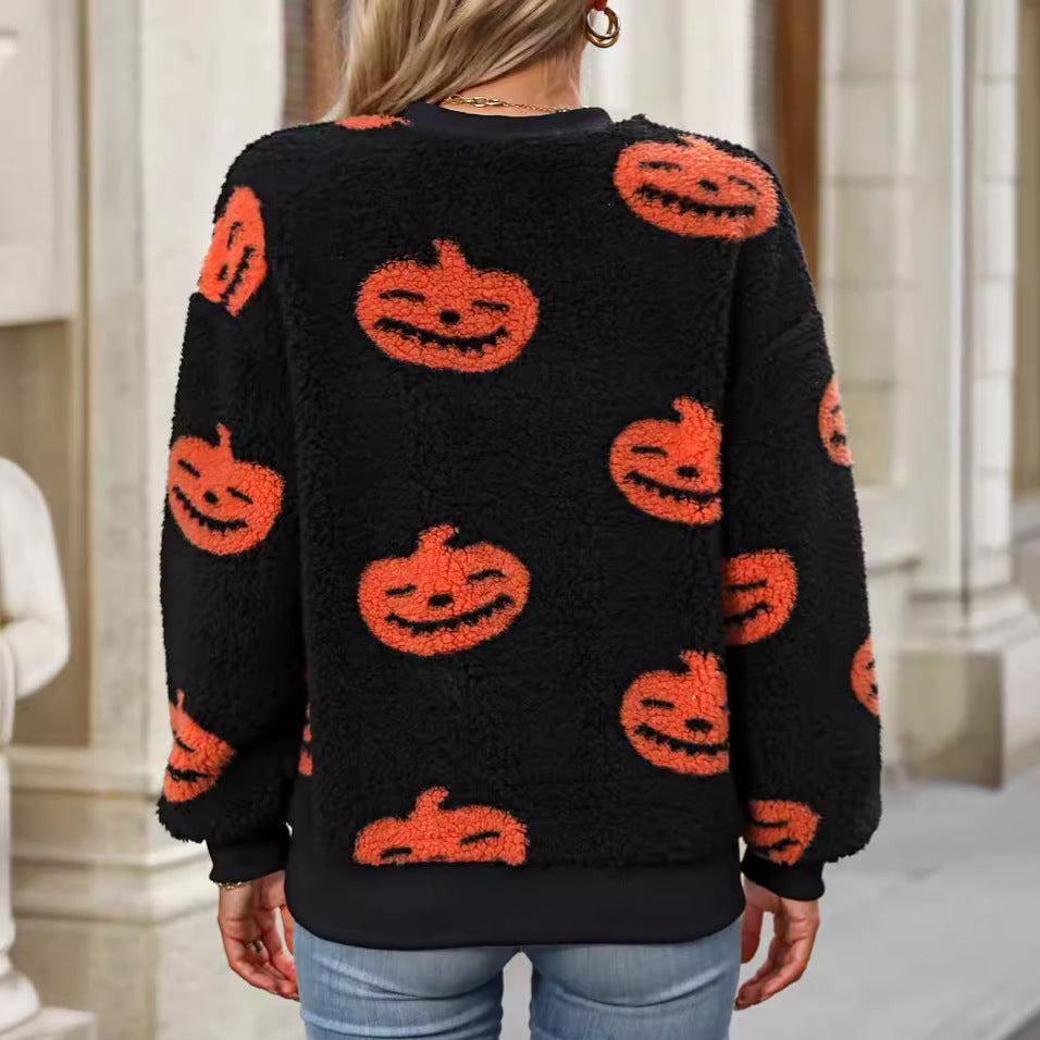 Women's autumn and winter Halloween printed plush loose pullover sweatershirt