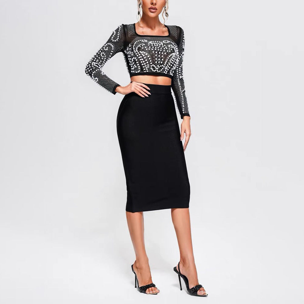 Square Collar Long Sleeve Beaded Top Slim Bandage Skirt Two-Piece Suits