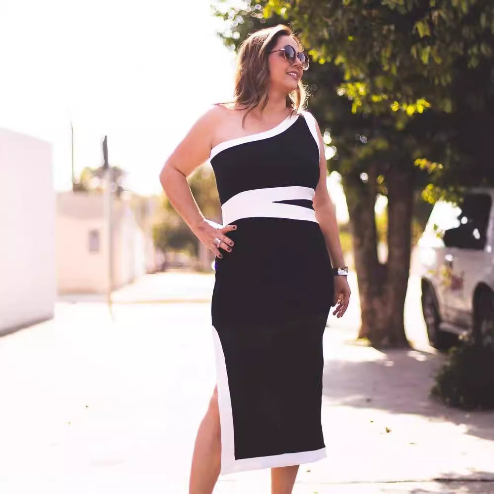 One-shoulder color matching dress waist high-end tight bandage dress