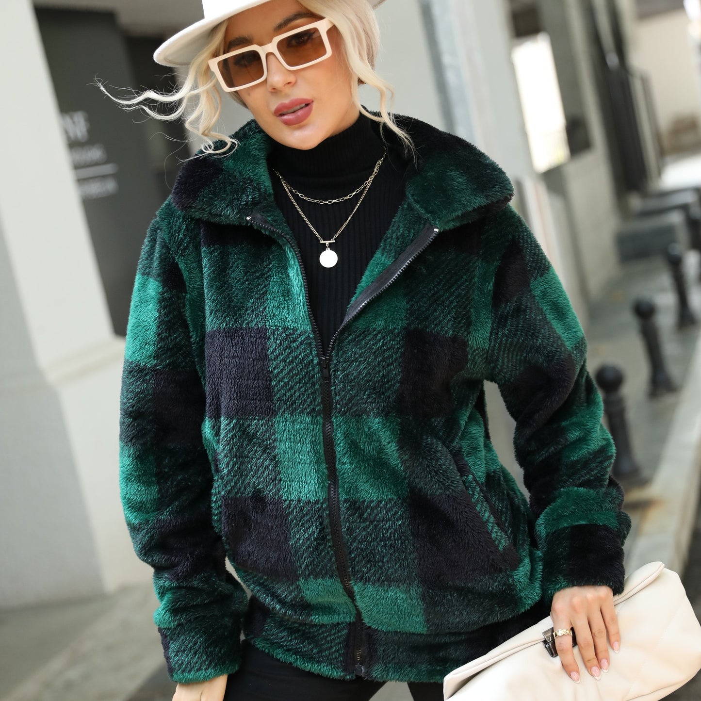 Women's autumn and winter clothing long sleeve stand collar plaid printed mid-length zipper double-sided plush coat