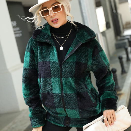 Women's fall and winter lapels loose long sleeve zipper plaid printed double-sided plush coat
