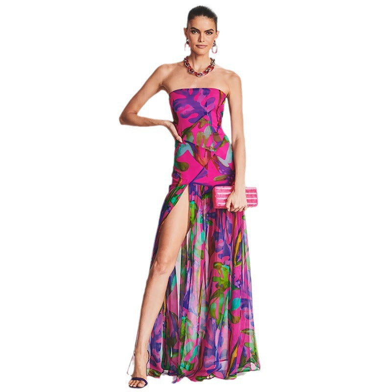 Sexy Tube Top Split Long Dress Seaside Vacation Romantic Printed